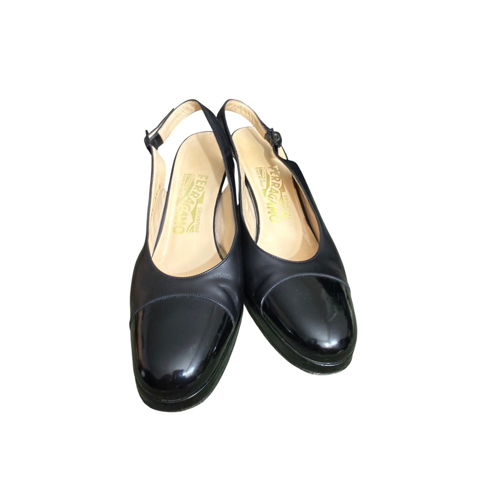 Salvatore Ferragamo Black Leather Patent Cap Toe Slingback Pumps Heels 7.5 B